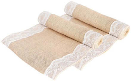 CHAKS Jute tafelloper - 2x - met wit kant - 30 x 300 cm