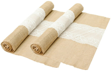 CHAKS Jute tafelloper - 2x - met wit kant - 60 x 300 cm - extra breed