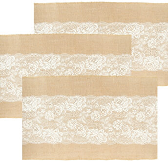 CHAKS Jute tafelloper - 3x - met wit kant - 28 x 300 cm