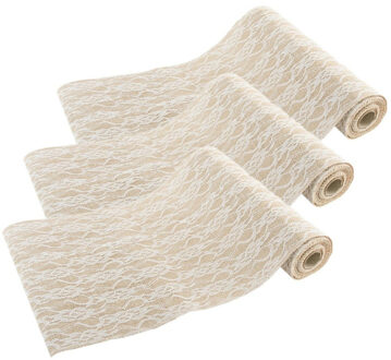 CHAKS Jute tafelloper - 3x - met wit kant - 29 x 300 cm