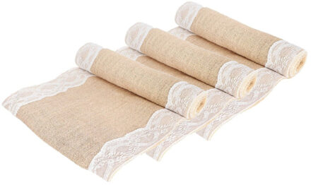 CHAKS Jute tafelloper - 3x - met wit kant - 30 x 300 cm