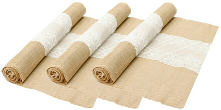 CHAKS Jute tafelloper - 3x - met wit kant - 60 x 300 cm - extra breed