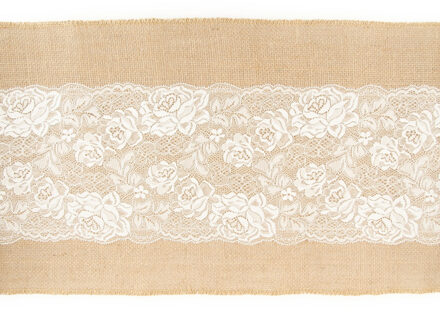 CHAKS Jute tafelloper - met wit kant - 28 x 300 cm Beige