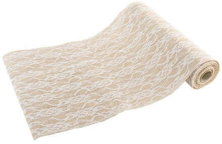 CHAKS Jute tafelloper - met wit kant - 29 x 300 cm Beige