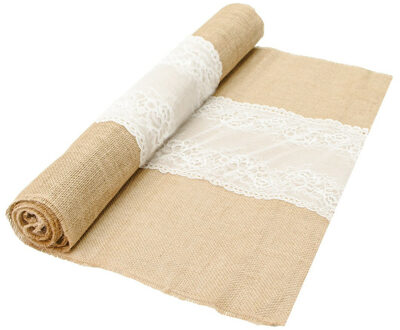 CHAKS Jute tafelloper - met wit kant - 60 x 300 cm - extra breed - Feesttafelkleden Beige