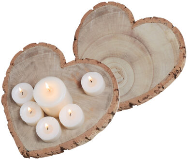 CHAKS Kaarsenbord/decoratie dienblad - 2x - houten boomschijf - 19 x 3 cm - hartvormig