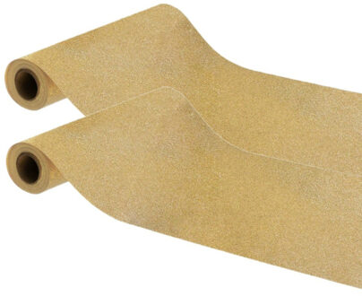 CHAKS Kerst thema tafelloper op rol - 2x - gouden glitter - 30 x 500 cm - polyester