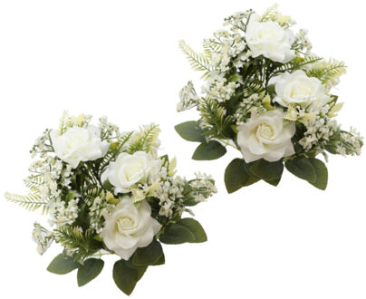 CHAKS Rozen kunstbloemen boeket - 2x - wit - H41 cm