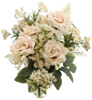 CHAKS Rozen kunstbloemen boeket - 5x - ivoor/zalm kleurig - H41 cm - Kunstbloemen Wit
