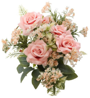 CHAKS Rozen kunstbloemen boeket - 5x - licht roze - H41 cm