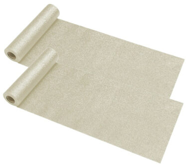 CHAKS Tafelloper op rol - 2x - creme witte glitter - 30 x 500 cm - polyester