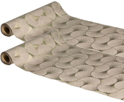 CHAKS Tafelloper op rol - 2x - ginkgo print - beige/champagne - 28 x 300 cm - polyester