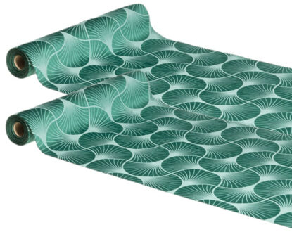 CHAKS Tafelloper op rol - 2x - ginkgo print - groen - 28 x 300 cm - polyester
