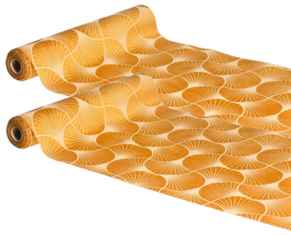 CHAKS Tafelloper op rol - 2x - ginkgo print - oranje - 28 x 300 cm - polyester