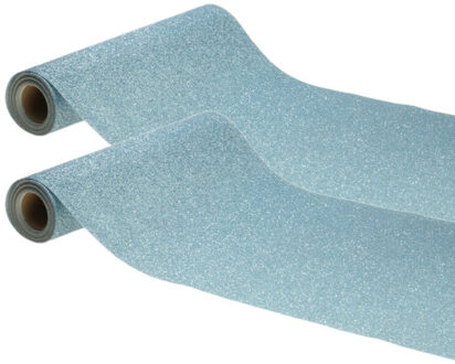 CHAKS Tafelloper op rol - 2x - licht blauwe glitter - 30 x 500 cm - polyester - Babyshower thema