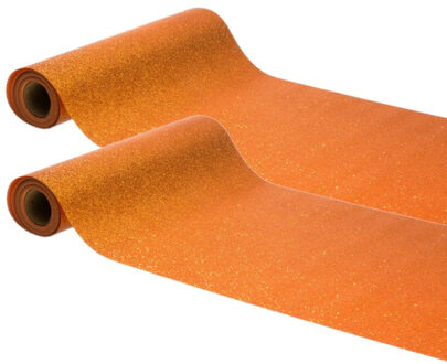 CHAKS Tafelloper op rol - 2x - oranje glitter - 30 x 500 cm - polyester