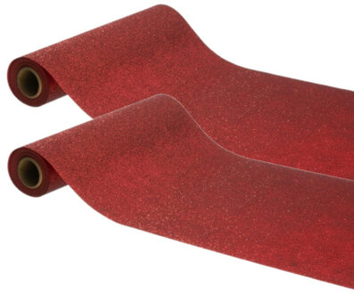CHAKS Tafelloper op rol - 2x - rode glitter - 30 x 500 cm - polyester