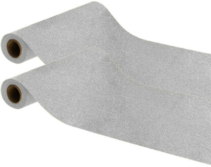 CHAKS Tafelloper op rol - 2x - zilveren glitter - 30 x 500 cm - polyester