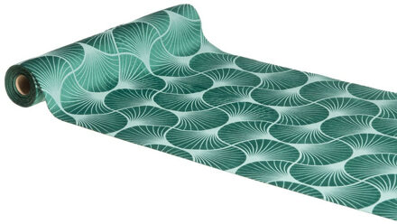 CHAKS Tafelloper op rol - ginkgo print - malagiet groen - 28 x 300 cm - polyester - Feesttafelkleden