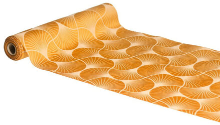 CHAKS Tafelloper op rol - ginkgo print - oranje - 28 x 300 cm - polyester