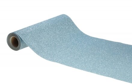 CHAKS Tafelloper op rol - licht blauwe glitter - 30 x 500 cm - polyester - Feesttafelkleden