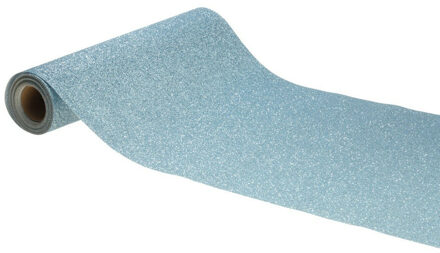 CHAKS Tafelloper op rol - licht blauwe glitter - 30 x 500 cm - polyester - Feesttafelkleden