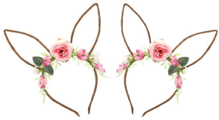 CHAKS Verkleed diadeem paashaas/bunny oren - 2x - met bloemen - roze - one size