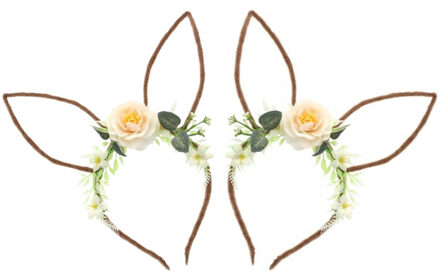 CHAKS Verkleed diadeem paashaas/bunny oren - 2x - met bloemen - wit - one size