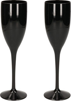 Champagne/prosecco flute glas - 2x - zwart - 15 cl/150 ml - onbreekbaar transparant kunststof - brui
