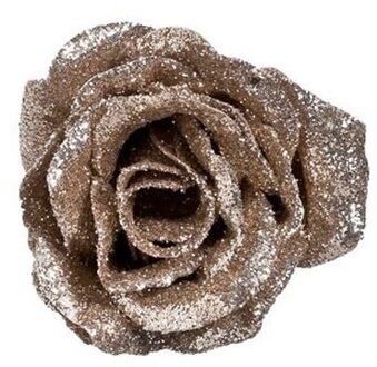 Champagne roos met glitters op clip 7 cm - kerstversiering