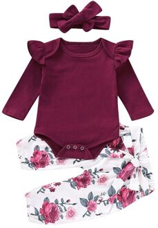 Chamsgend Zomer Peuter Baby Meisjes Lange Mouwen Romper Tops + Bloemen Broek + Hoofdbanden Set Outfits 19MAY9 P25 24M