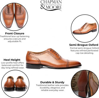 Chapman & Moore Heren Tan Bruine Leren Semi-Brogue Cap-Toe Oxford Schoenen Donker Bruin - EU 42