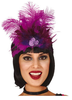 Charleston luxe hoofdband - met veren en roosjes - paars - dames - jaren 20 thema