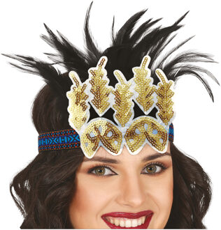 Charleston luxe hoofdband - met zwarte veren en glitters - goud - dames - jaren 20 thema