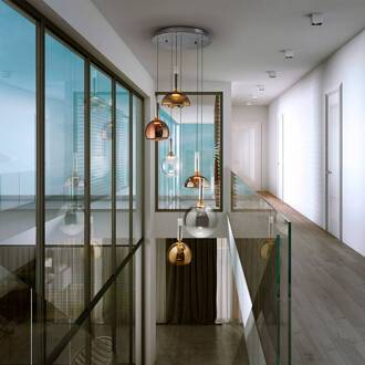 Charlize LED hanglamp 6-lamps, dimbaar, vierkleurig glas koper, goud, zilver, helder