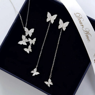 Charming Dazzling Micro 925 Sterling Silver Zircon Butterfly Necklaces With Earring set Women Gift Necklace Chain Choker NK022S