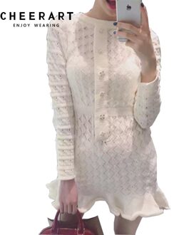 Cheerart Warme Gebreide Trui Jurk Vrouwen Bodycon Mermaid Jurk Button Tuniek Ruches Mini Dames Jurken Voor Winter wit