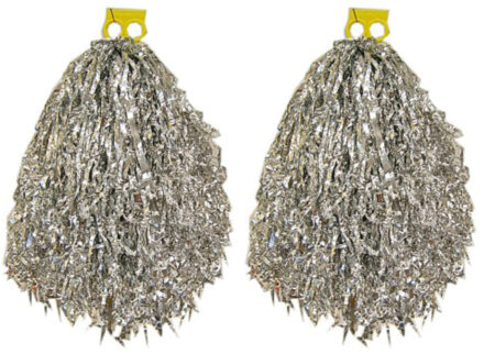 Cheerball/pompom zilver - 2x - met ringgreep - 33 cm - Cheerleader verkleed accessoires
