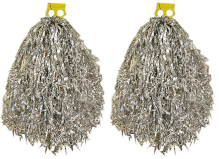 Cheerball/pompom zilver - 6x - met ringgreep - 33 cm - Cheerleader verkleed accessoires