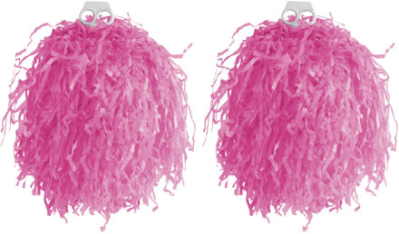 Cheerballs/pompoms - 2x - roze - met franjes en ring handgreep - 33 cm