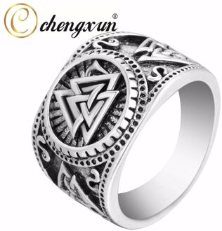 Chengxun Viking Ronde Grote Breedte Signet Ring Vinger Mannen Zwart Zilver Kleur Mode Valknut Vintage Sieraden 15Mm 01