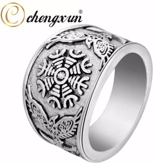 Chengxun Viking Ronde Grote Breedte Signet Ring Vinger Mannen Zwart Zilver Kleur Mode Valknut Vintage Sieraden 15Mm 03