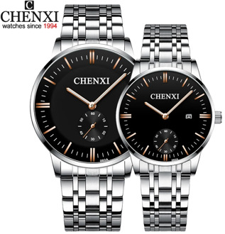 CHENXI Lover's Wristwatches Women Fashion Watches Men or Lady Quartz Watch Silver Stainless steel Waterproof Clock Date Watches