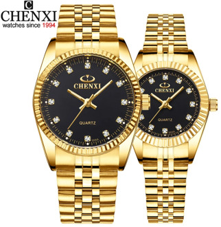 CHENXI Luxury Couple Watch Golden Fashion Stainless Steel Lovers Watch Quartz Wrist Watches For Women & Men Analog Wristwatch