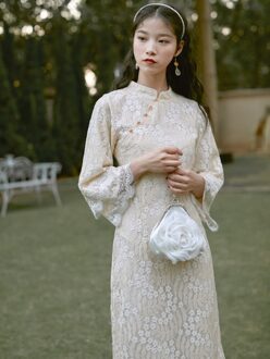 Cheongsam Jurk Kant Holle Stand Kraag Voor Meisjes Vrouwen Jurk Eleglant Franse Vintage Mid-Lange Slanke Split Jurk Borduurwerk