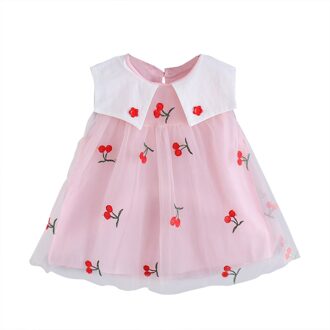Cherry Print Jurk Zomer Meisjes Kleding Peuter Mouwloze Fruit Borduren Bloemen Tulle Prinses Jurk Schattige Baby Meisje Jurk roze / 18-24 Months