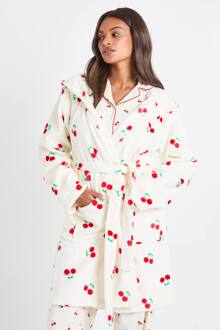 Cherry Print Korte Pluizige Badjas, Cream - 40