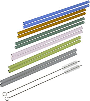 CHI HI rietjes recht - set 12x - glas - met rager - gekleurd - 23 cm - Drinkrietjes Blauw