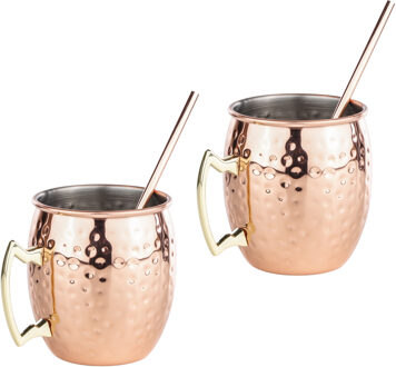 CHI Set van 2x Cocktailbekers/cocktailglazen Moscow Mule - koper - 500 ml - met drinkrietjes - Cocktailglazen Bruin