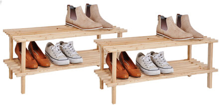 CHI Set Van 2x Stuks Houten Schoenenrek/schoenenstandaard 2-laags 74 X 26 X 29,5 Cm - Schoenenrekken Beige